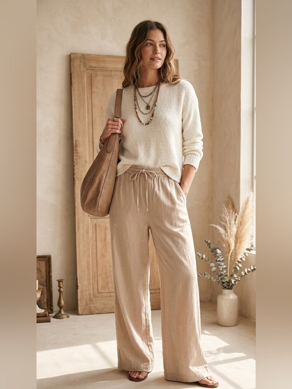 Reitmans Beige Linen Blend Wide Leg Pants Drawstring Elastic Waist Size 12 Tall